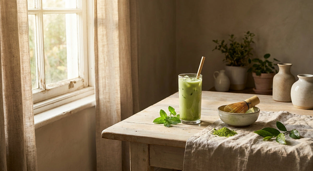 Ledena matcha z bambusovim metlicem in živo zelenim prahom