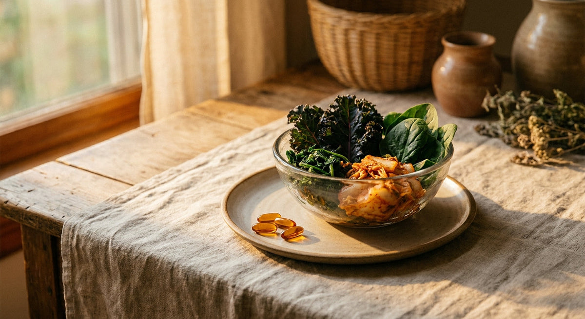 Vitamin D3 in K2 - listnata zelenjava, fermentirana hrana in kapsule na svetlobi