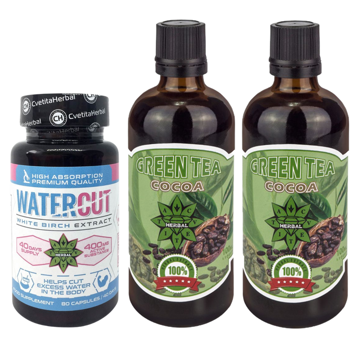 COMBO PAKET: Zeleni čaj s kakavom 100ml + Water Cut (Izvleček bele breze) 80 kapsul