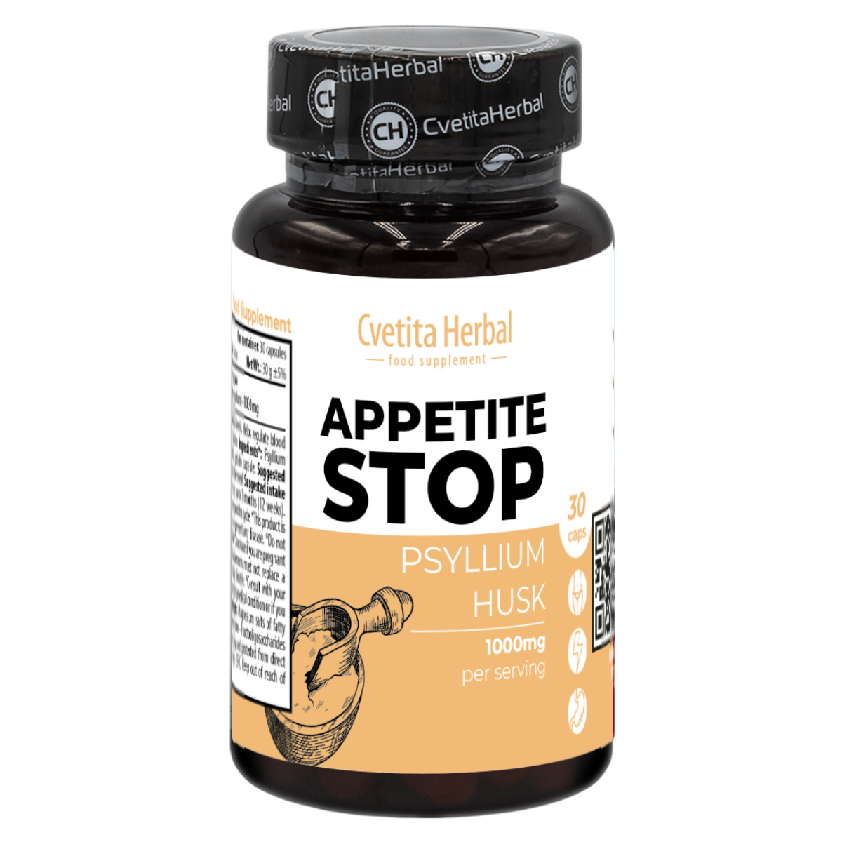 Jabolčni kis "Beli trpotec (Psyllium)" - Appetite Stop (30 kapsul x 1000 mg)